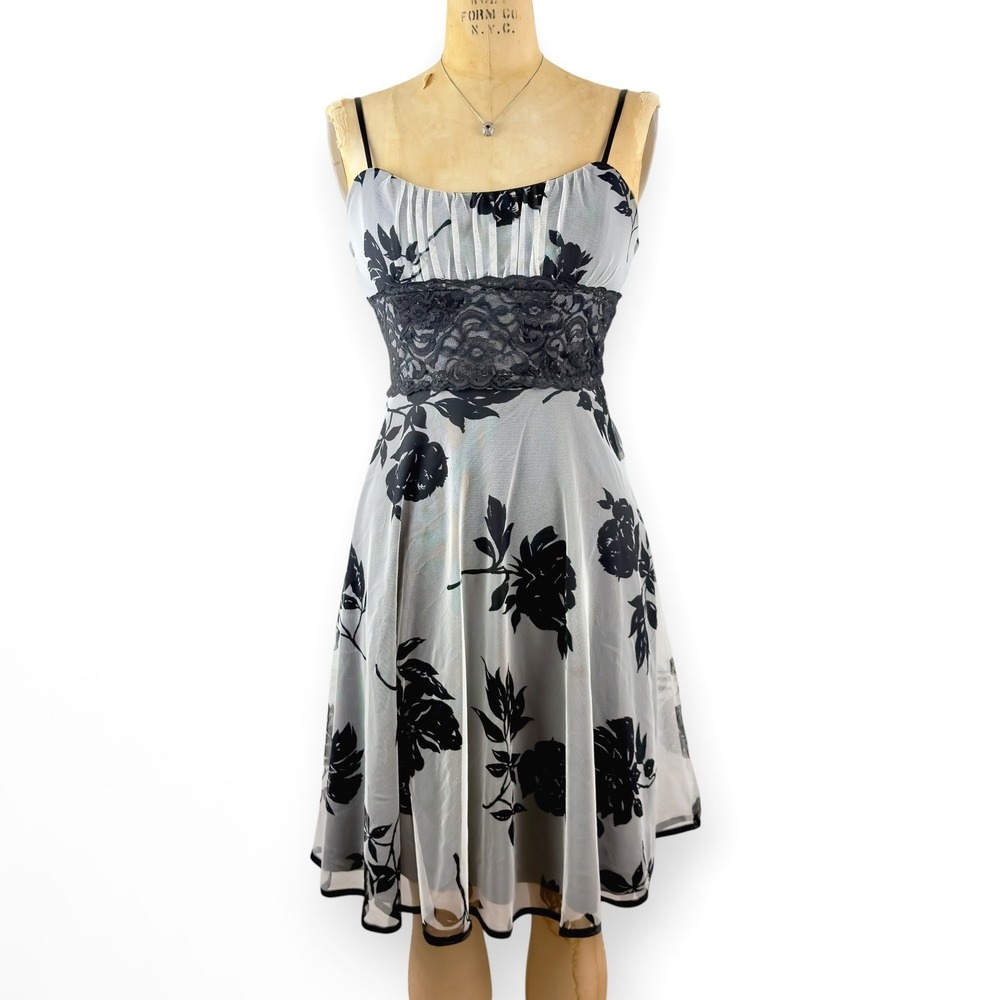 Y2K Gray Mesh Babydoll Dress Lace Empire Waist Dark Floral Pastel Goth Coquette